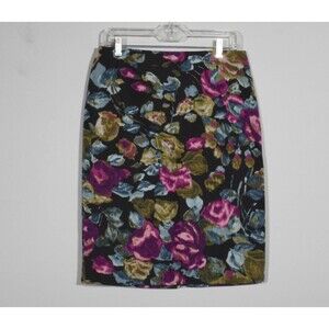 Talbots Black Floral Print Pencil Skirt Cotton Silk Pink Blue Green - Size 6